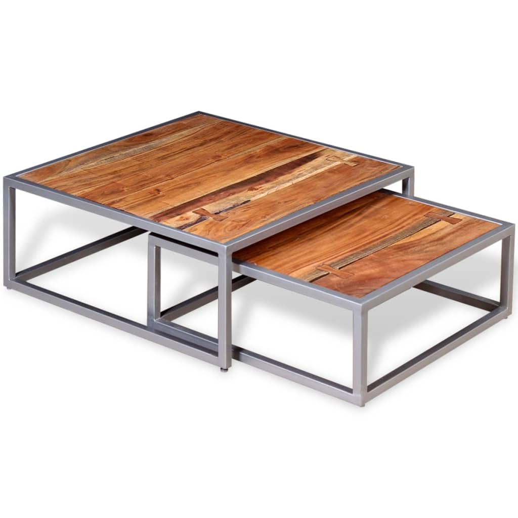 Solid Sheesham Wood Nesting Coffee Table Set with Iron Legs T759