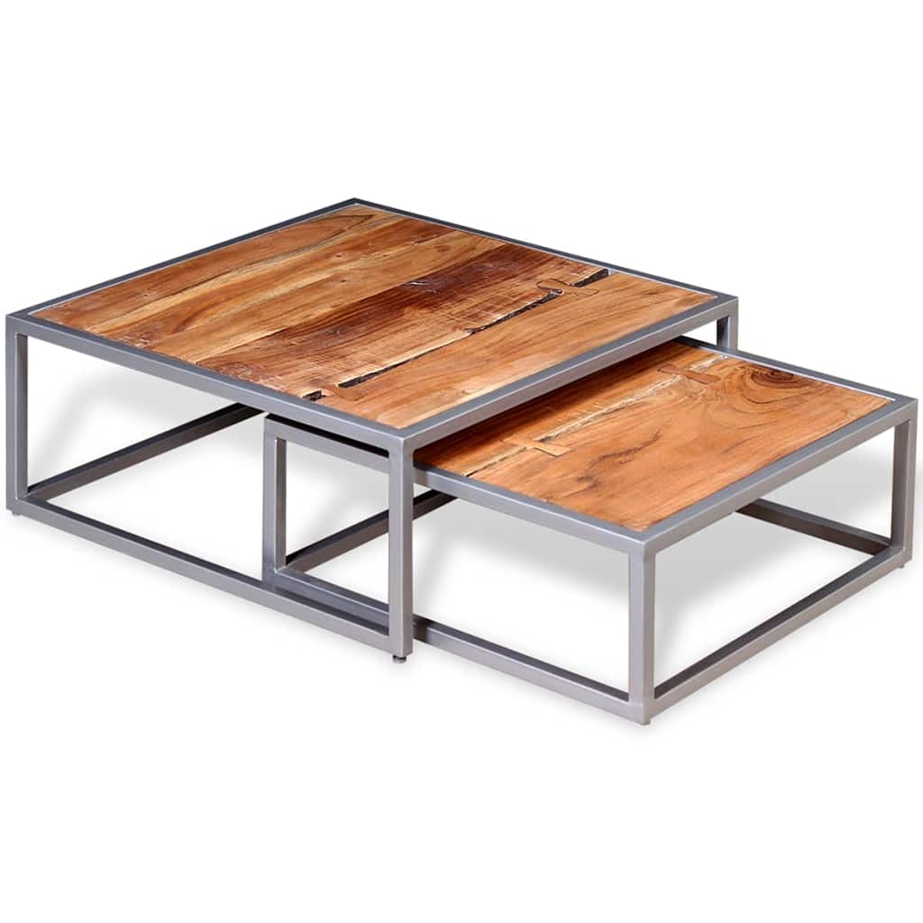Solid Sheesham Wood Nesting Coffee Table Set with Iron Legs T759