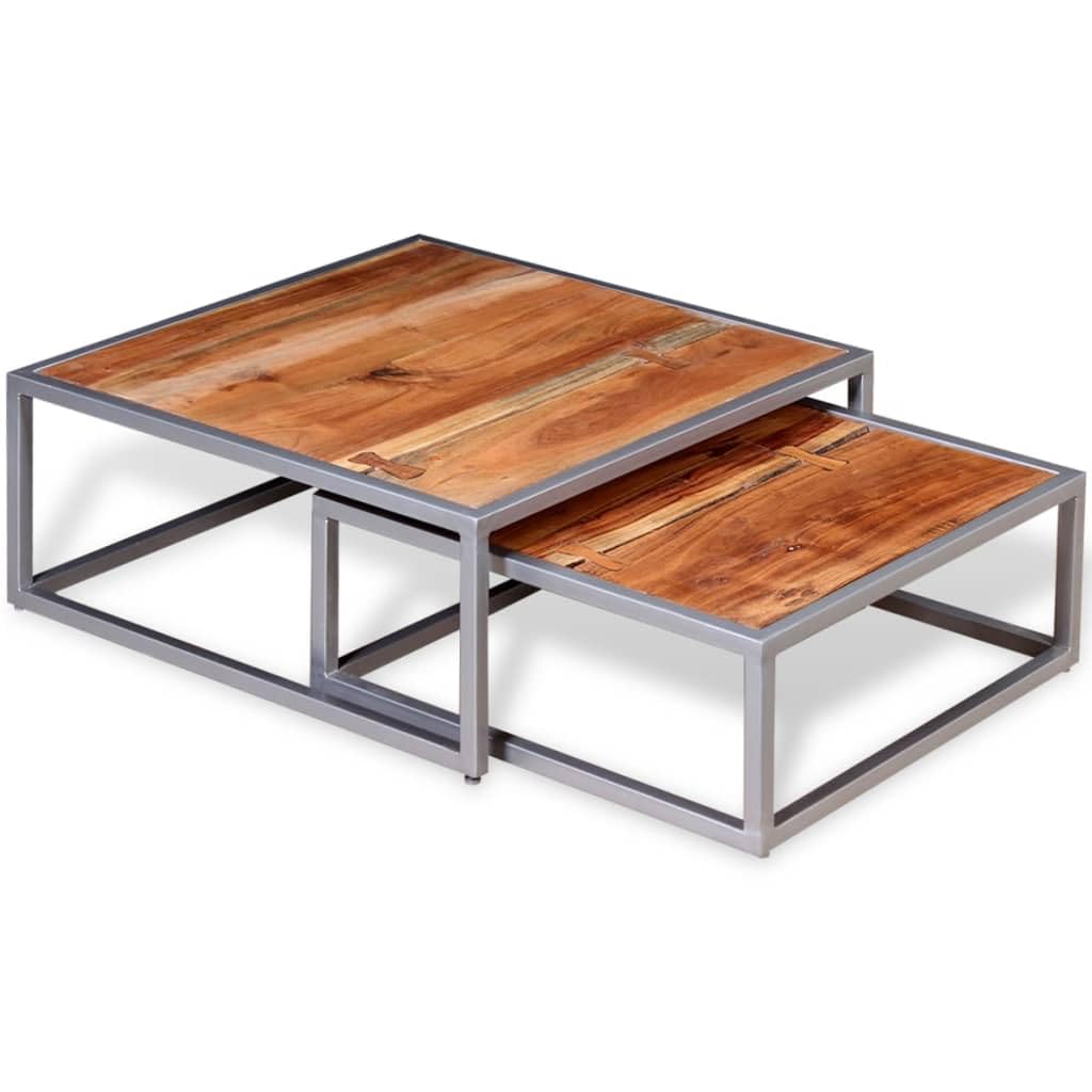 Solid Sheesham Wood Nesting Coffee Table Set with Iron Legs T759