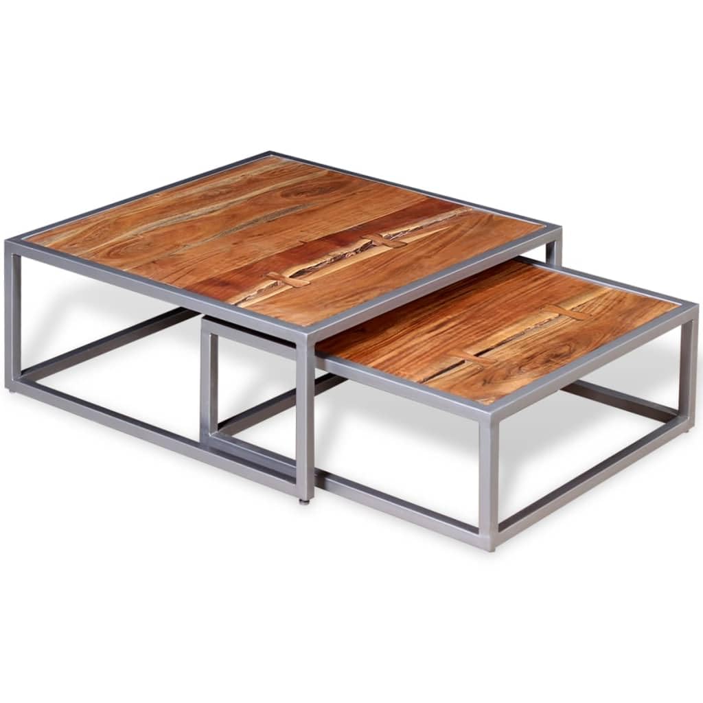 Solid Sheesham Wood Nesting Coffee Table Set with Iron Legs T759