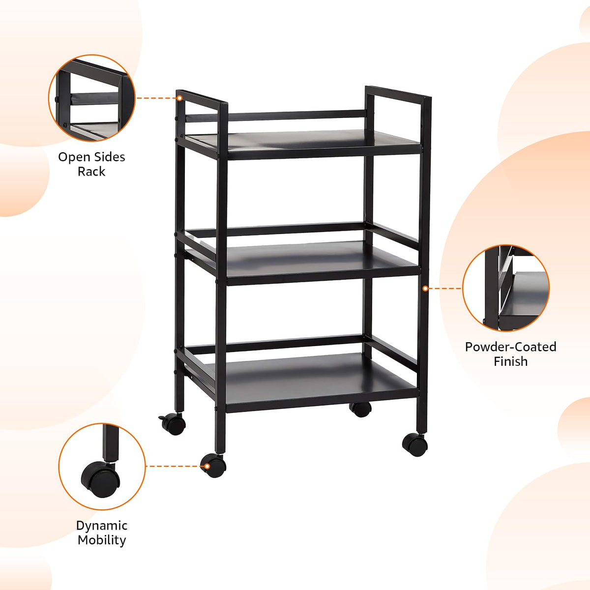 3-Tier Black Metal Rolling Utility Cart J763156