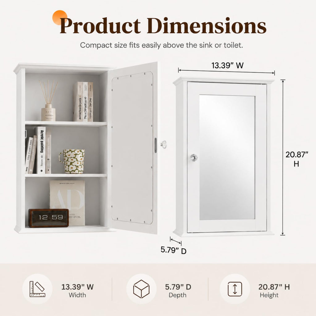 White Mirrored Medicine Cabinet with Single Door and 2 Adjustable Shelves F799
