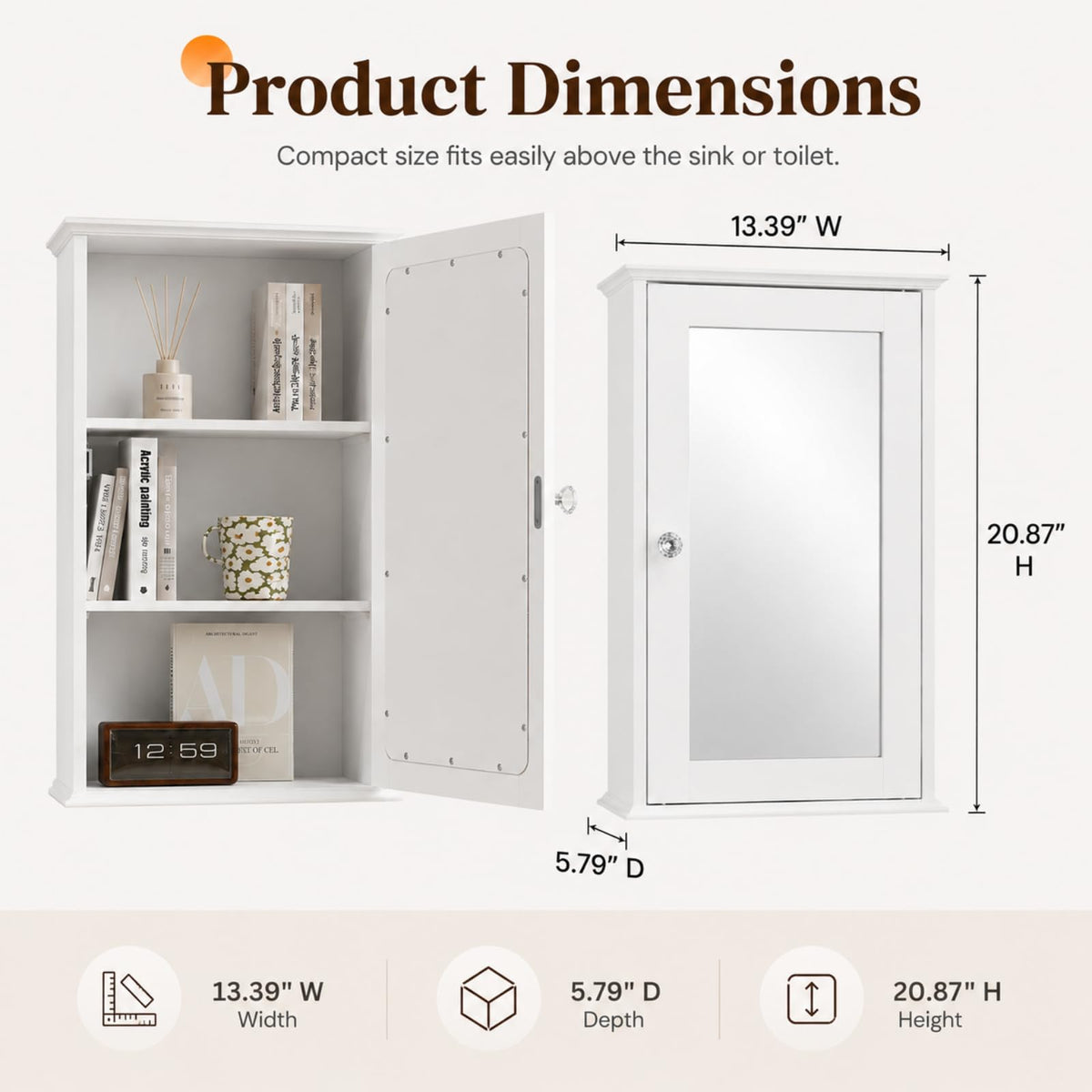 White Mirrored Medicine Cabinet with Single Door and 2 Adjustable Shelves F799