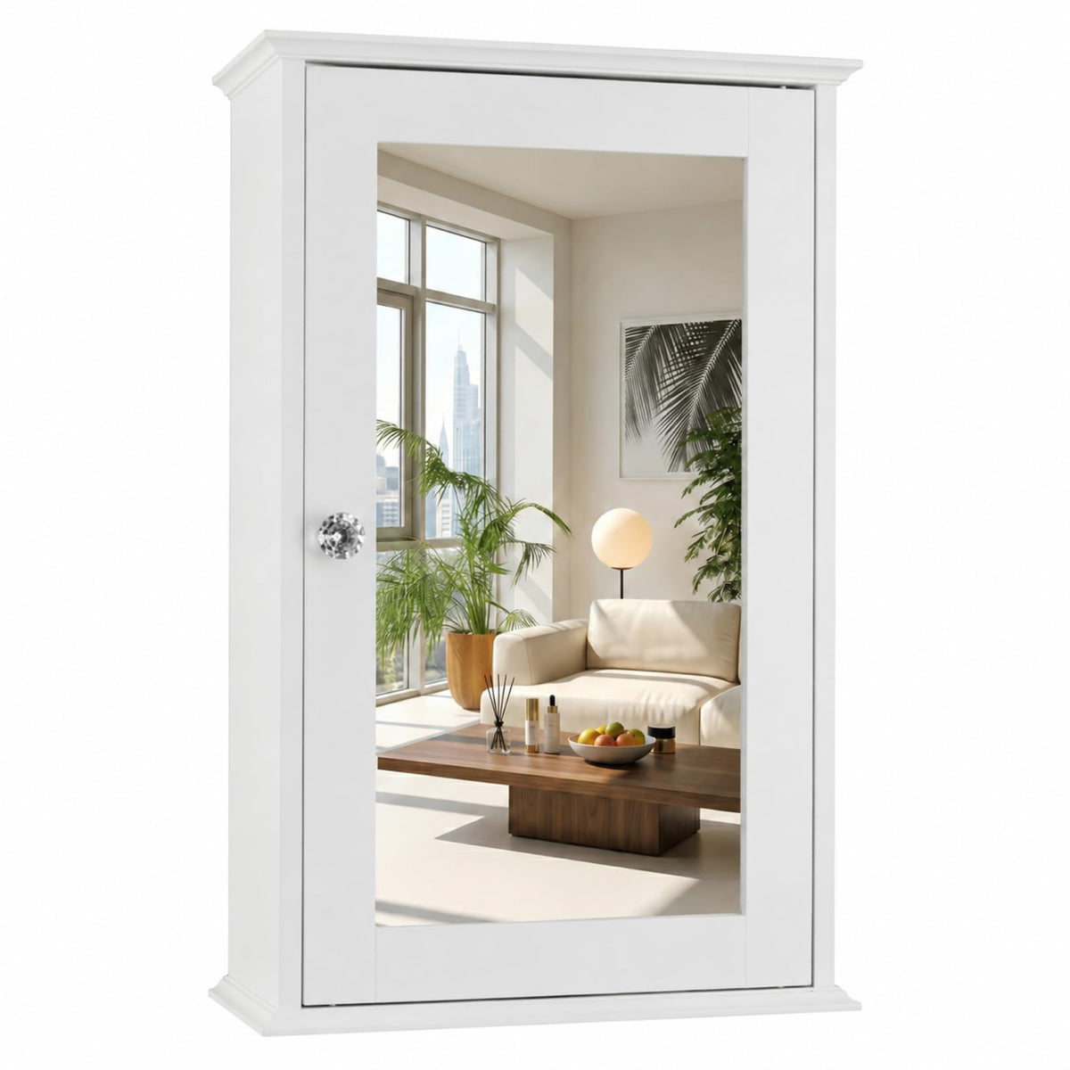 White Mirrored Medicine Cabinet with Single Door and 2 Adjustable Shelves F799