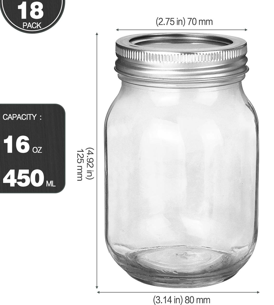 16oz Regular Mouth Mason Jars 18 Pack A50544