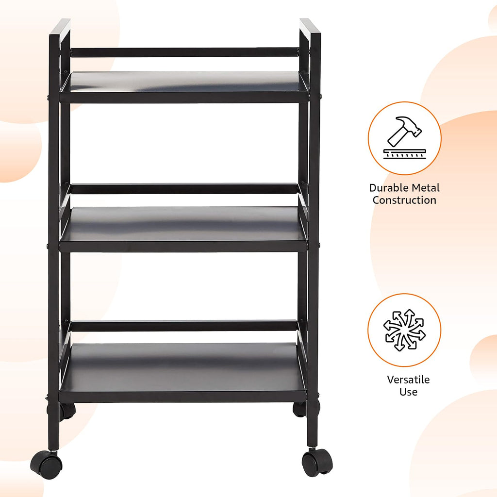 3-Tier Black Metal Rolling Utility Cart J763156