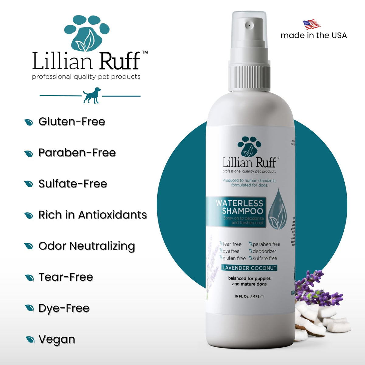 Waterless No-Rinse Dog Dry Shampoo Spray with Essential Oils 16oz D100