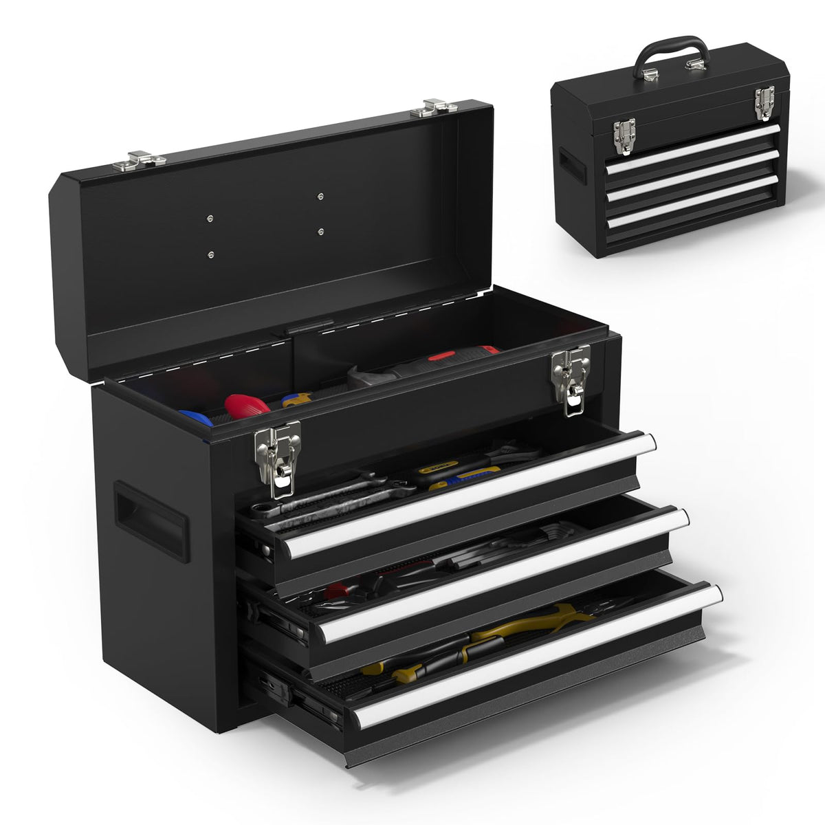Black 3 Drawer Lockable Metal Tool Box N10964