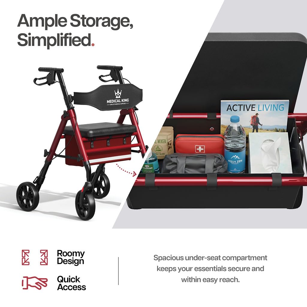 Foldable Rollator Walker with Seat, 8" Wheels, Red C115