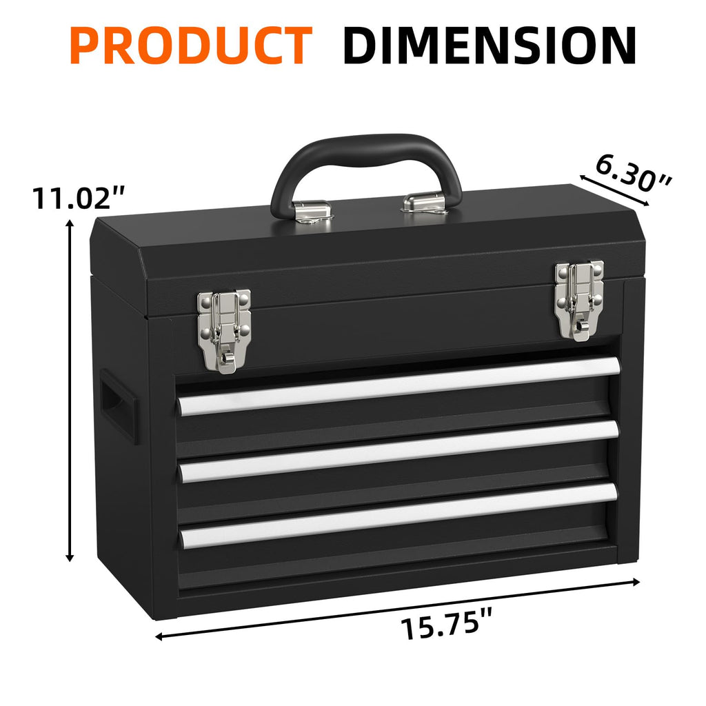 Black 3 Drawer Lockable Metal Tool Box N10964