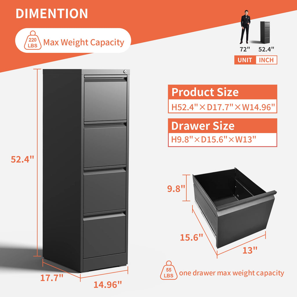 4 Drawer Black Metal File Cabinet with Lock G780988