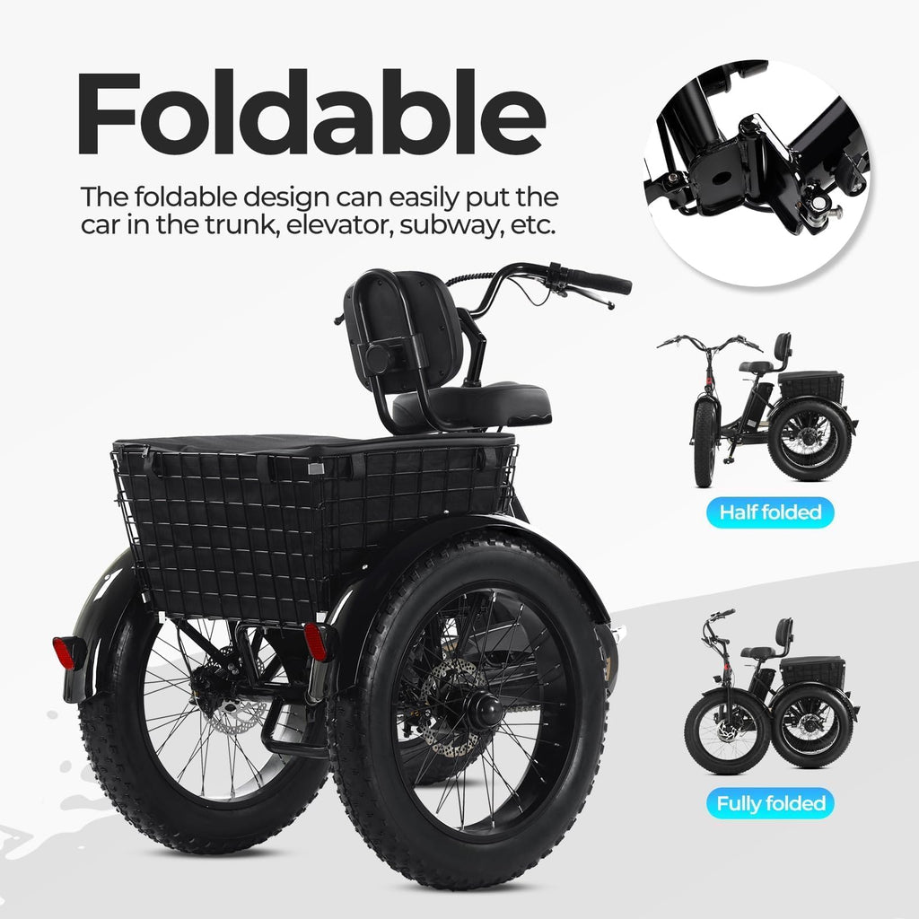 Folding Electric Tricycle for Adults, 20"x4" Fat Tire, Peak 500W 36V13Ah U61559
