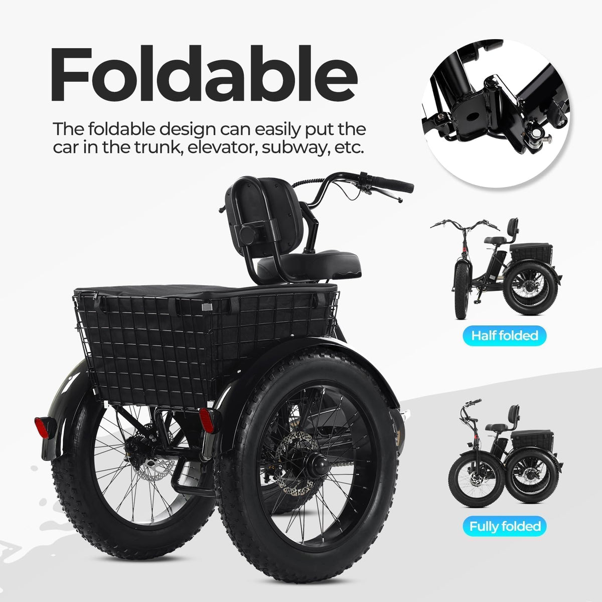 Folding Electric Tricycle for Adults, 20"x4" Fat Tire, Peak 500W 36V13Ah U61559