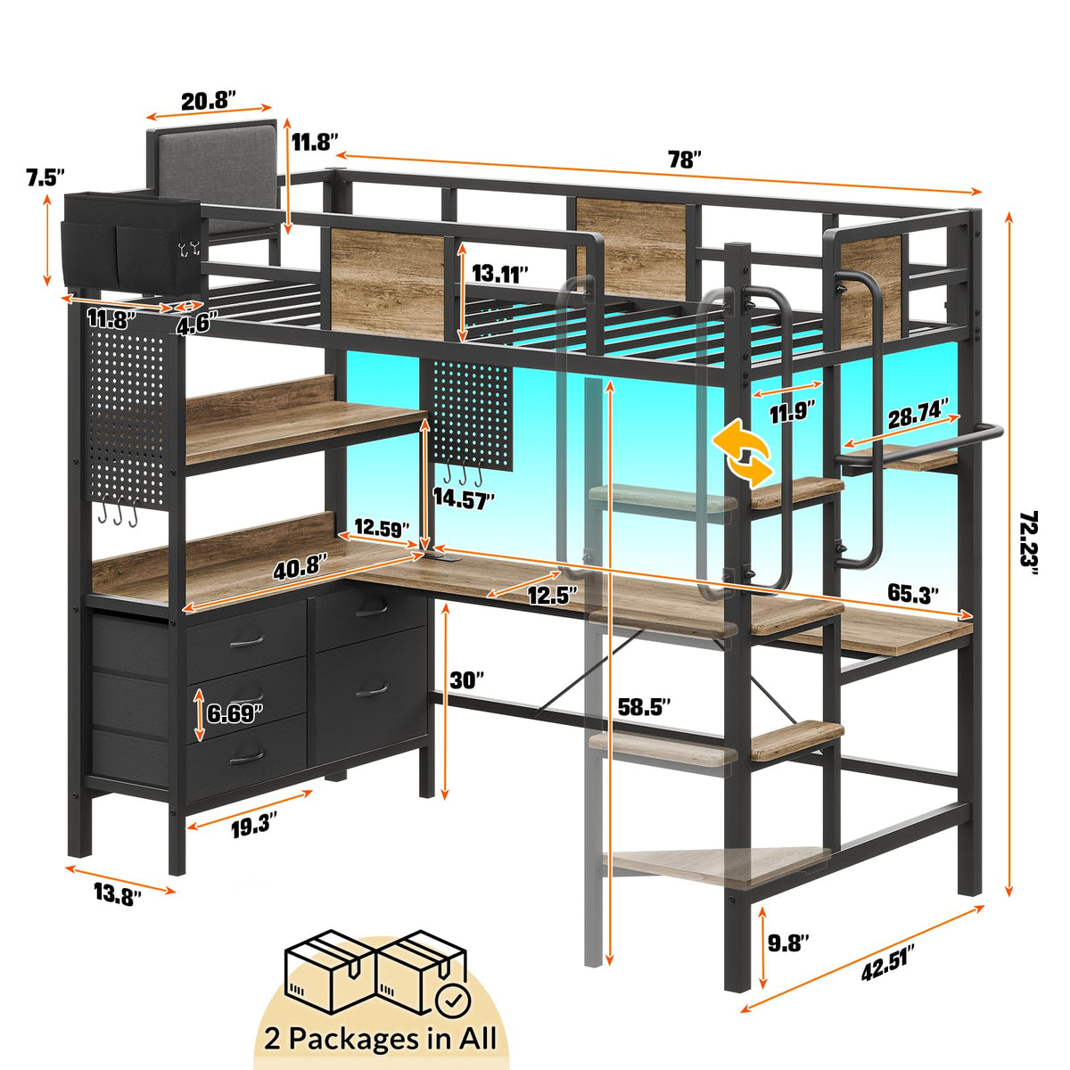 Twin Size Loft Bed with Desk and 5 Drawer W584