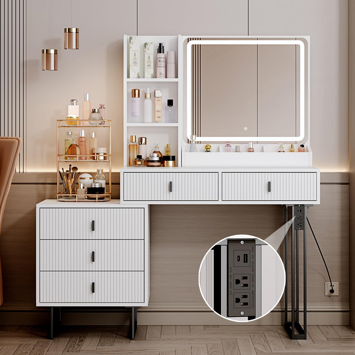 White Vanity Desk with Mirror and 5 Sliding Drawers U5402