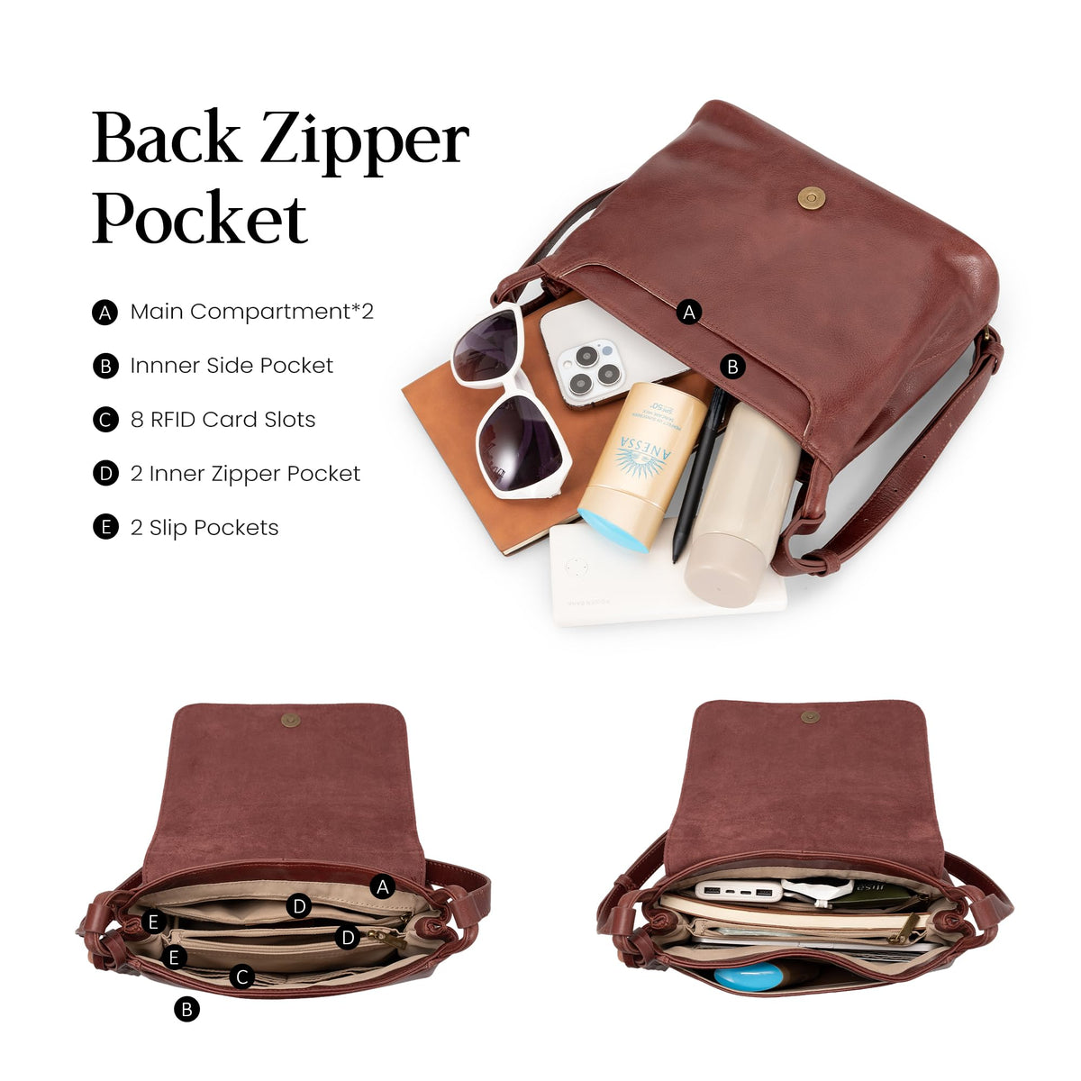 Vintage Leather Crossbody Bag with Multi-Pockets RFID D602