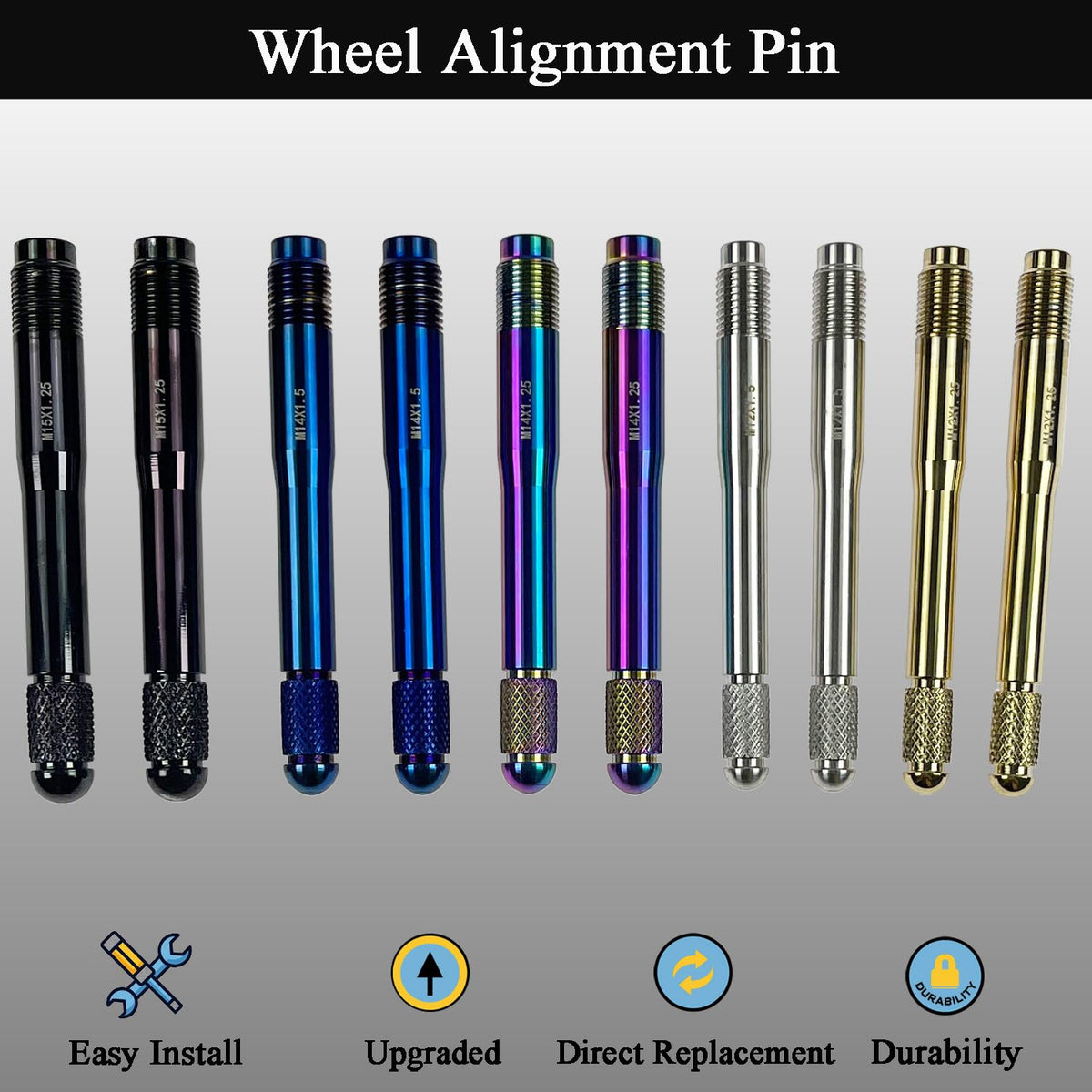 10PC Alloy Steel Wheel Alignment Pins Kit M12x1.5/1.25/M14x1.5/1.25/M15*1.25 Lug Bolt Guide Tool K475070