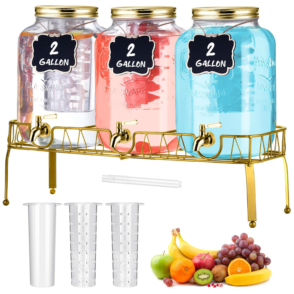 3 Pcs 2 Gallon Glass Drink Dispenser with Stand and Lid O6794