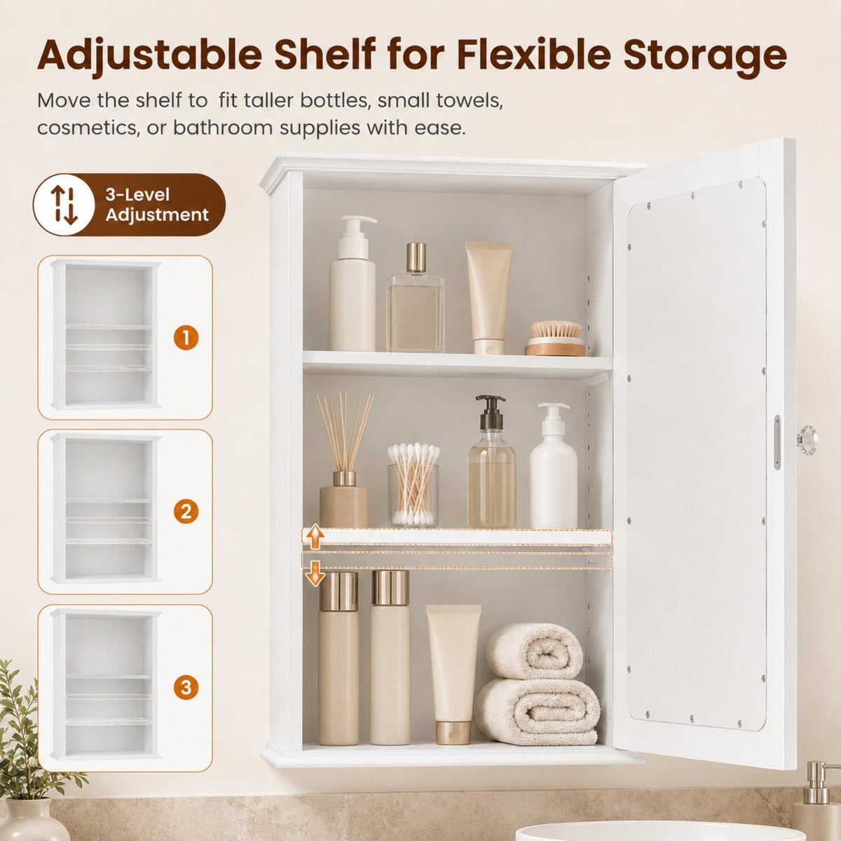 White Mirrored Medicine Cabinet with Single Door and 2 Adjustable Shelves F799