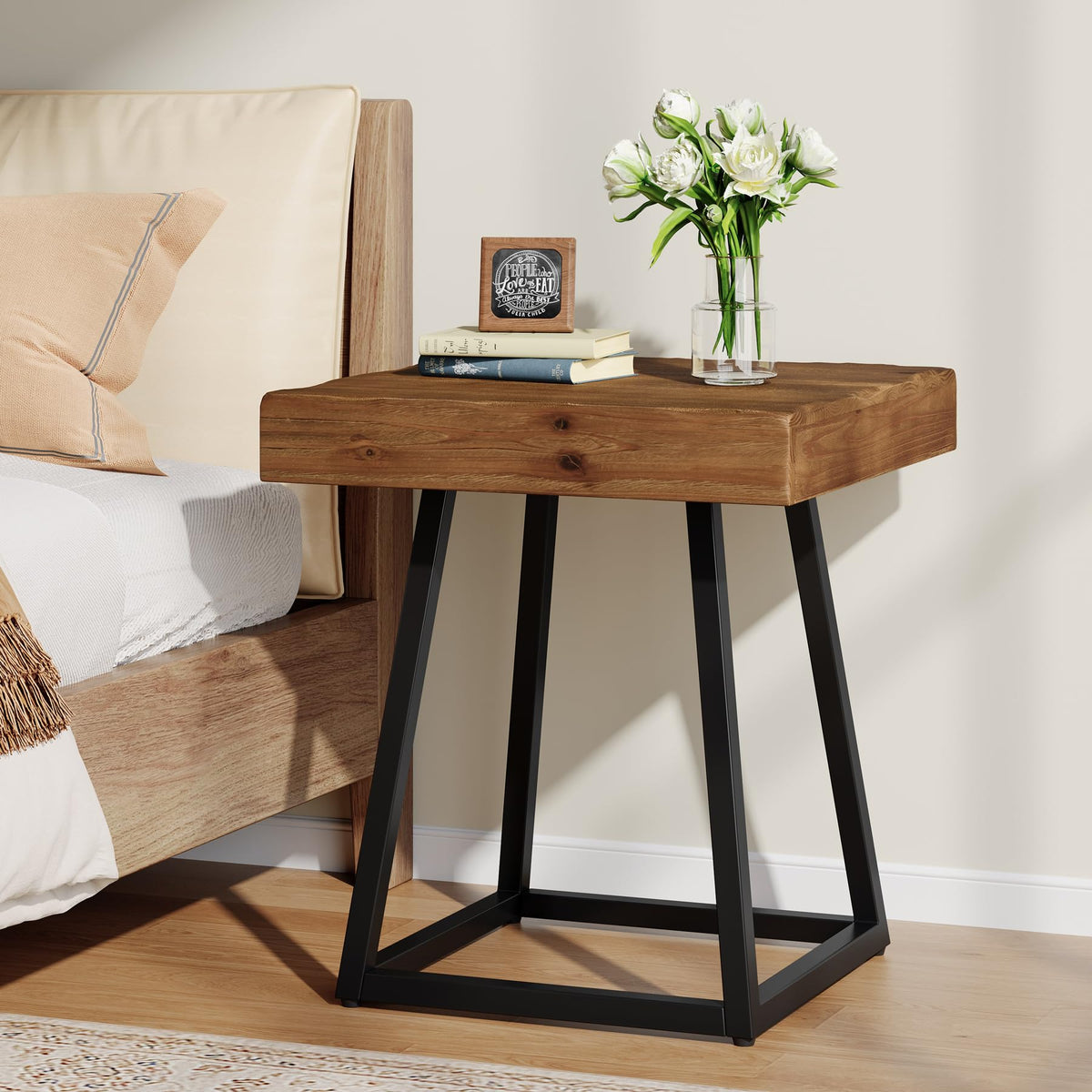Solid Wood Nightstand with Metal Frame W432