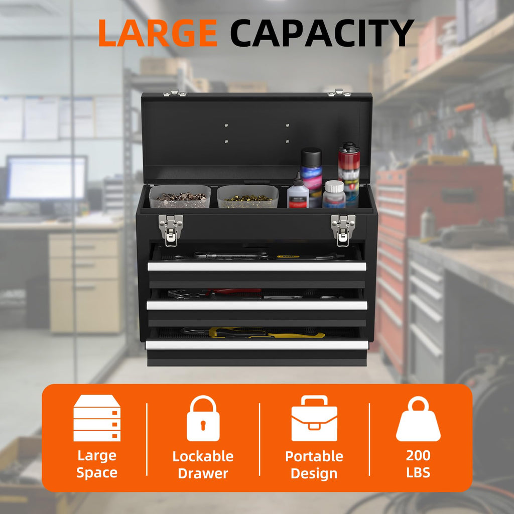 Black 3 Drawer Lockable Metal Tool Box N10964