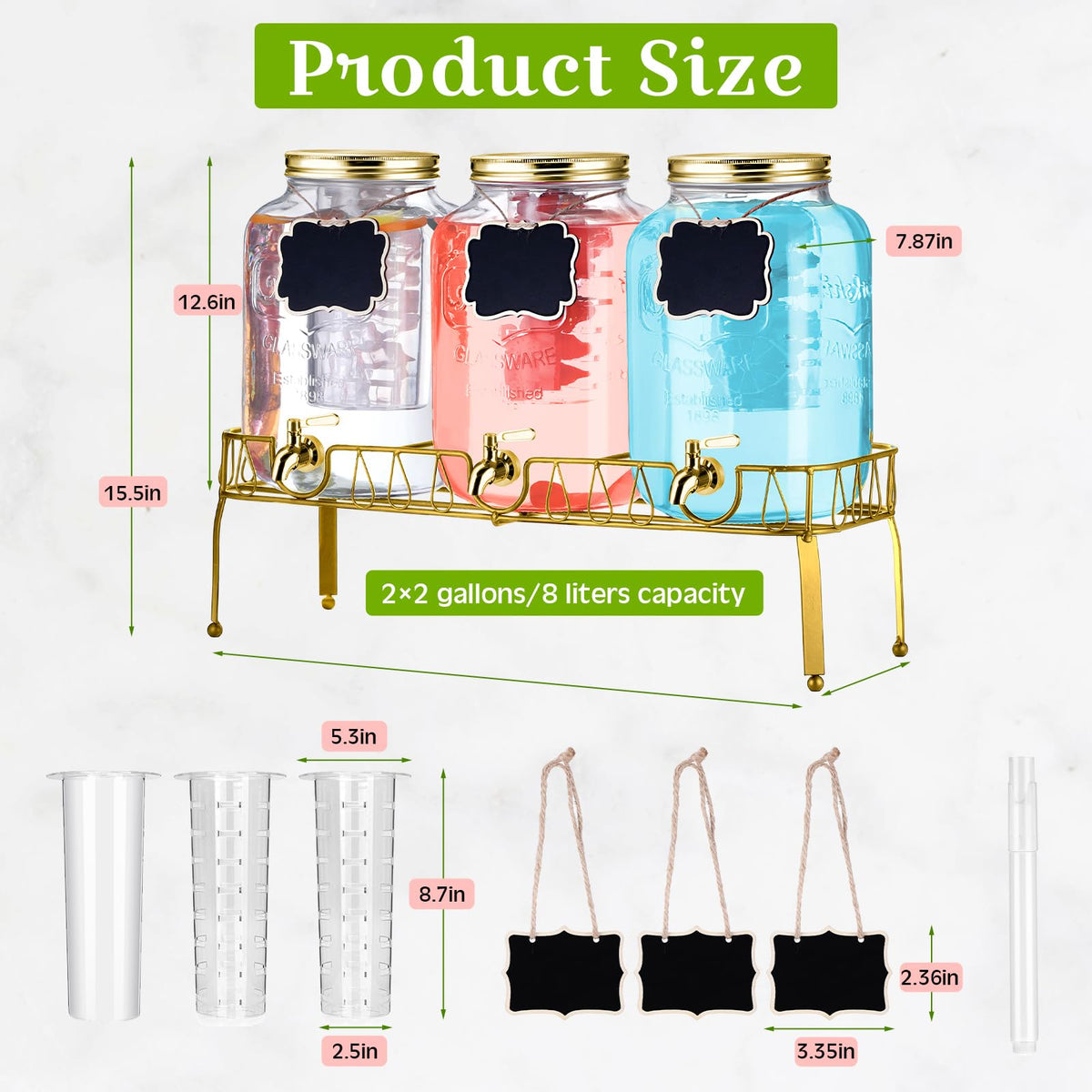 3 Pcs 2 Gallon Glass Drink Dispenser with Stand and Lid O6794