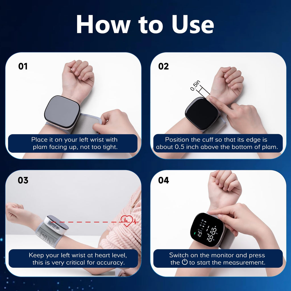 Wrist Blood Pressure Monitor Rechargeable Digital Voice Broadcast LED Backlit 199 Memory Storage for 2 Users with Carrying Case O4318