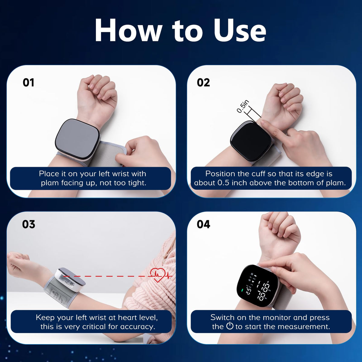 Wrist Blood Pressure Monitor Rechargeable Digital Voice Broadcast LED Backlit 199 Memory Storage for 2 Users with Carrying Case O4318