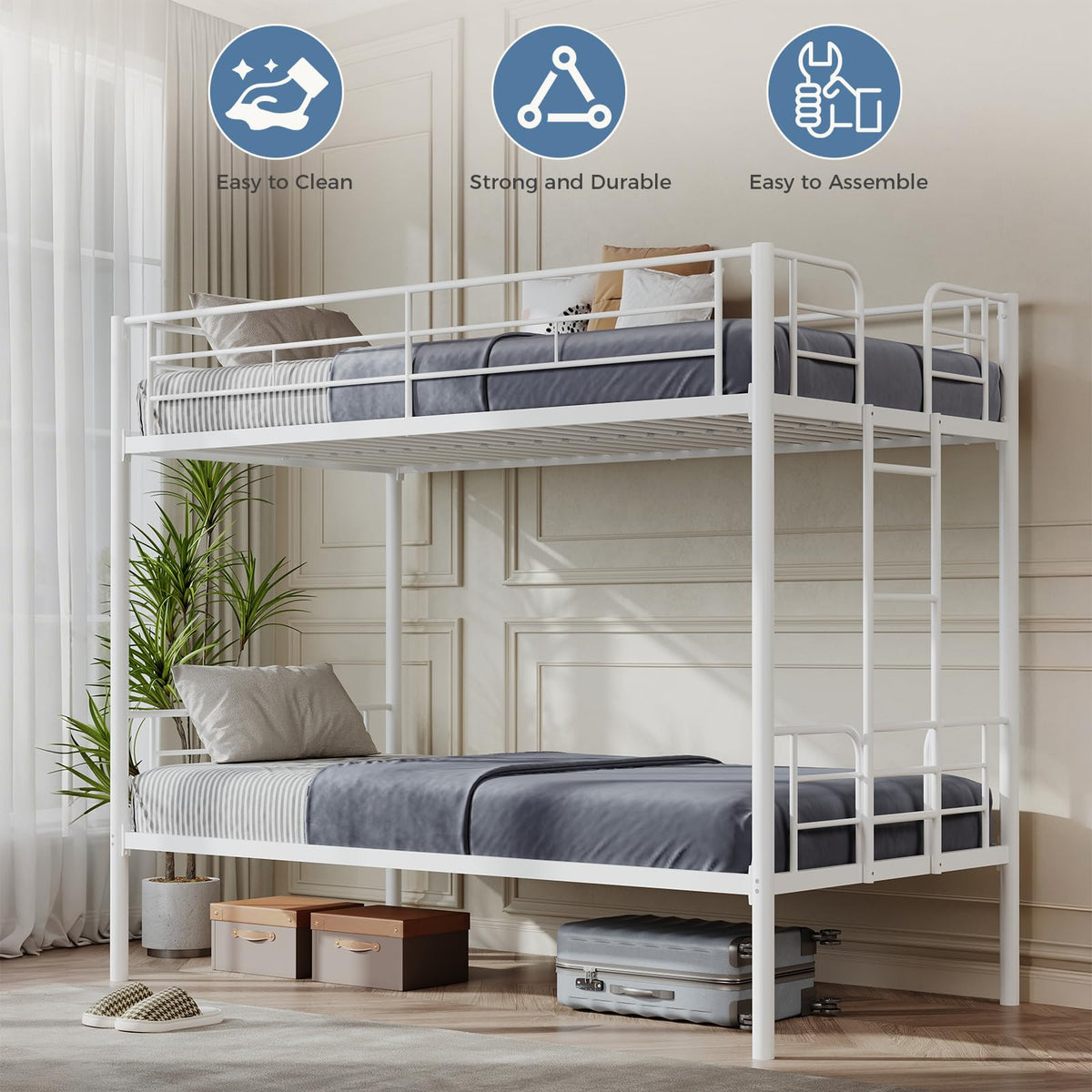 Metal Bunk Bed Twin Over Twin with Ladder and Guardrail D82915