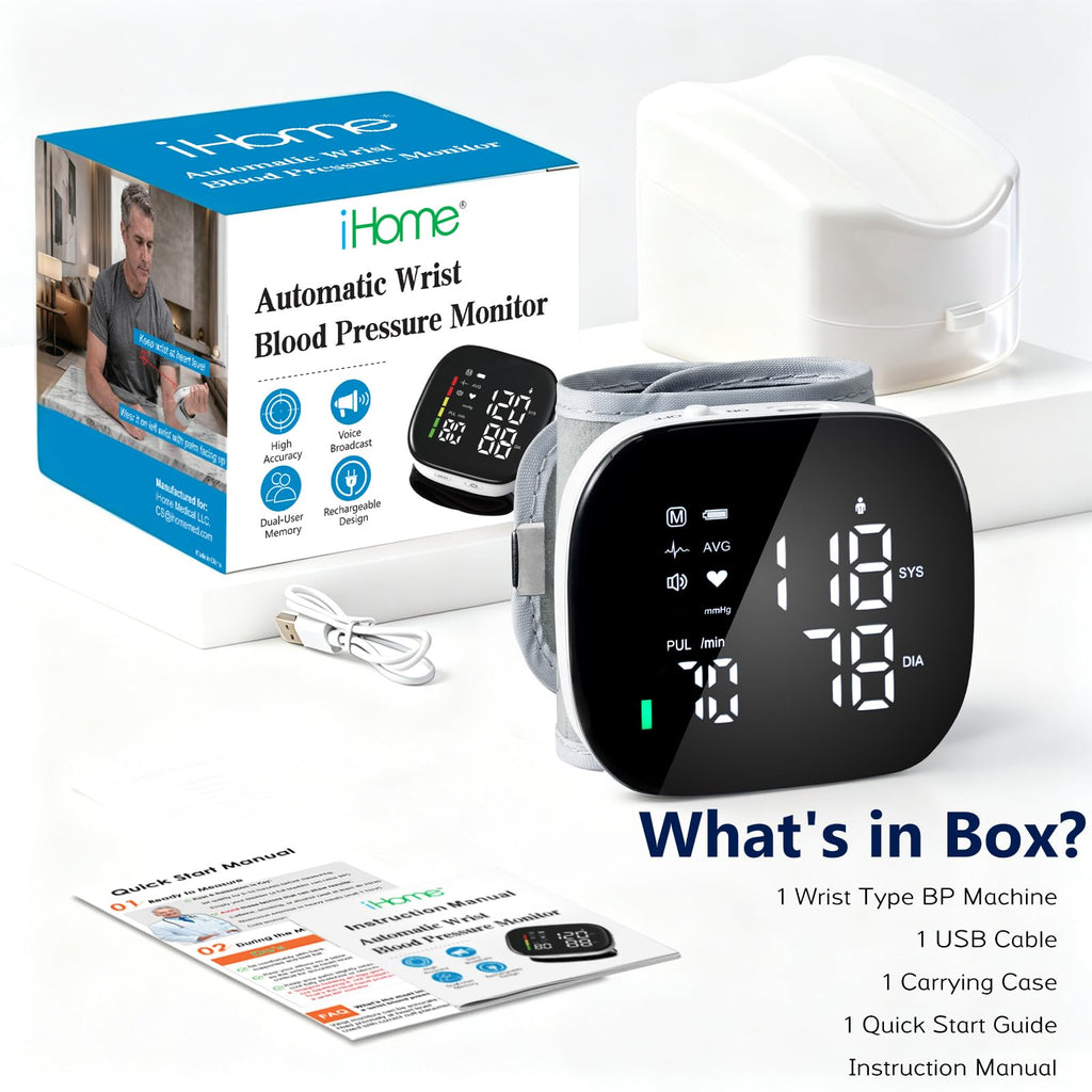 Wrist Blood Pressure Monitor Rechargeable Digital Voice Broadcast LED Backlit 199 Memory Storage for 2 Users with Carrying Case O4318