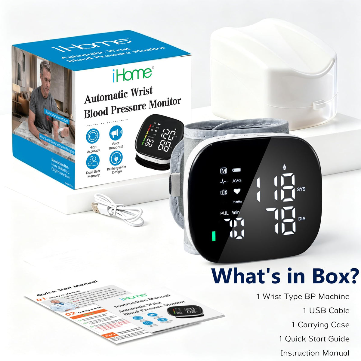 Wrist Blood Pressure Monitor Rechargeable Digital Voice Broadcast LED Backlit 199 Memory Storage for 2 Users with Carrying Case O4318