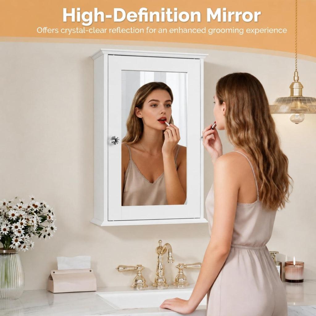 White Mirrored Medicine Cabinet with Single Door and 2 Adjustable Shelves F799