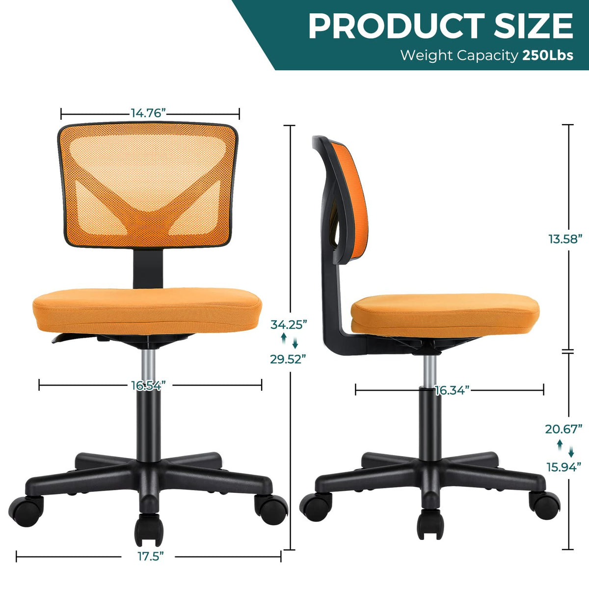 Orange Mesh Armless Desk Chair with Lumbar Support X3648