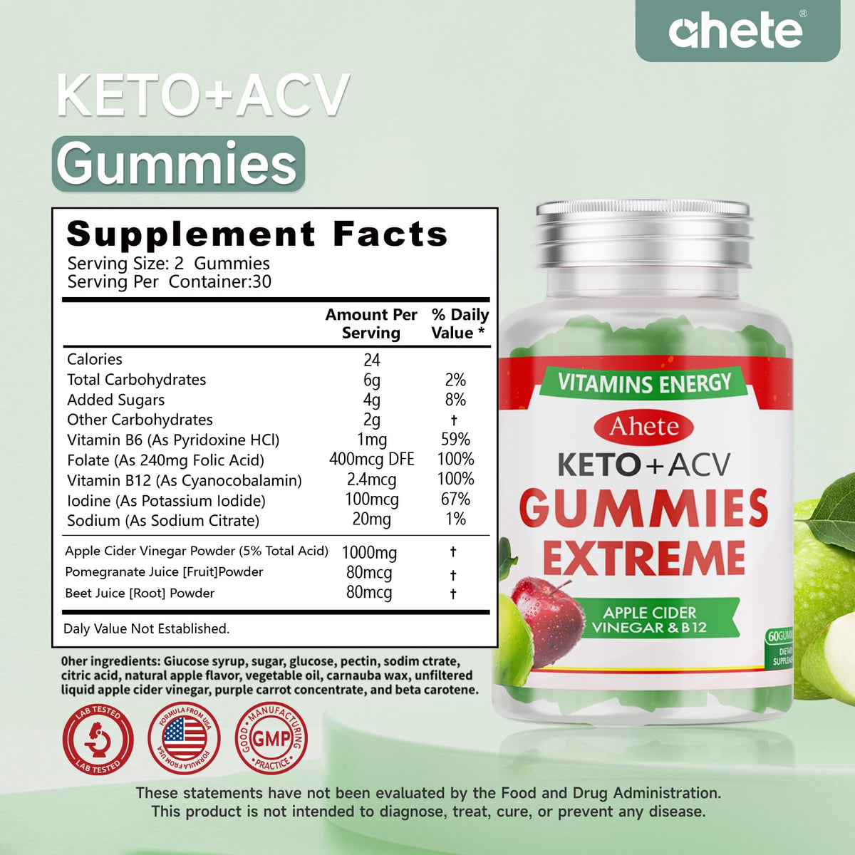 Apple Cider Vinegar Gummies with Vitamin B6, B12, Folate & Beet Root, 180 Gummies J17447