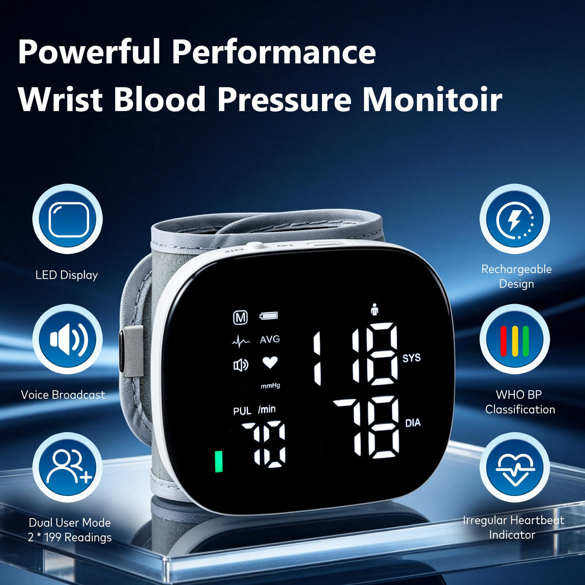 Wrist Blood Pressure Monitor Rechargeable Digital Voice Broadcast LED Backlit 199 Memory Storage for 2 Users with Carrying Case O4318