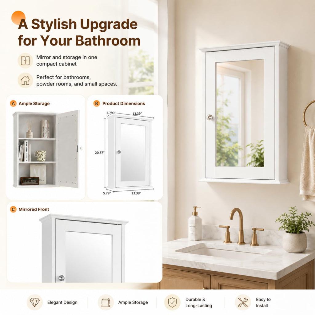 White Mirrored Medicine Cabinet with Single Door and 2 Adjustable Shelves F799