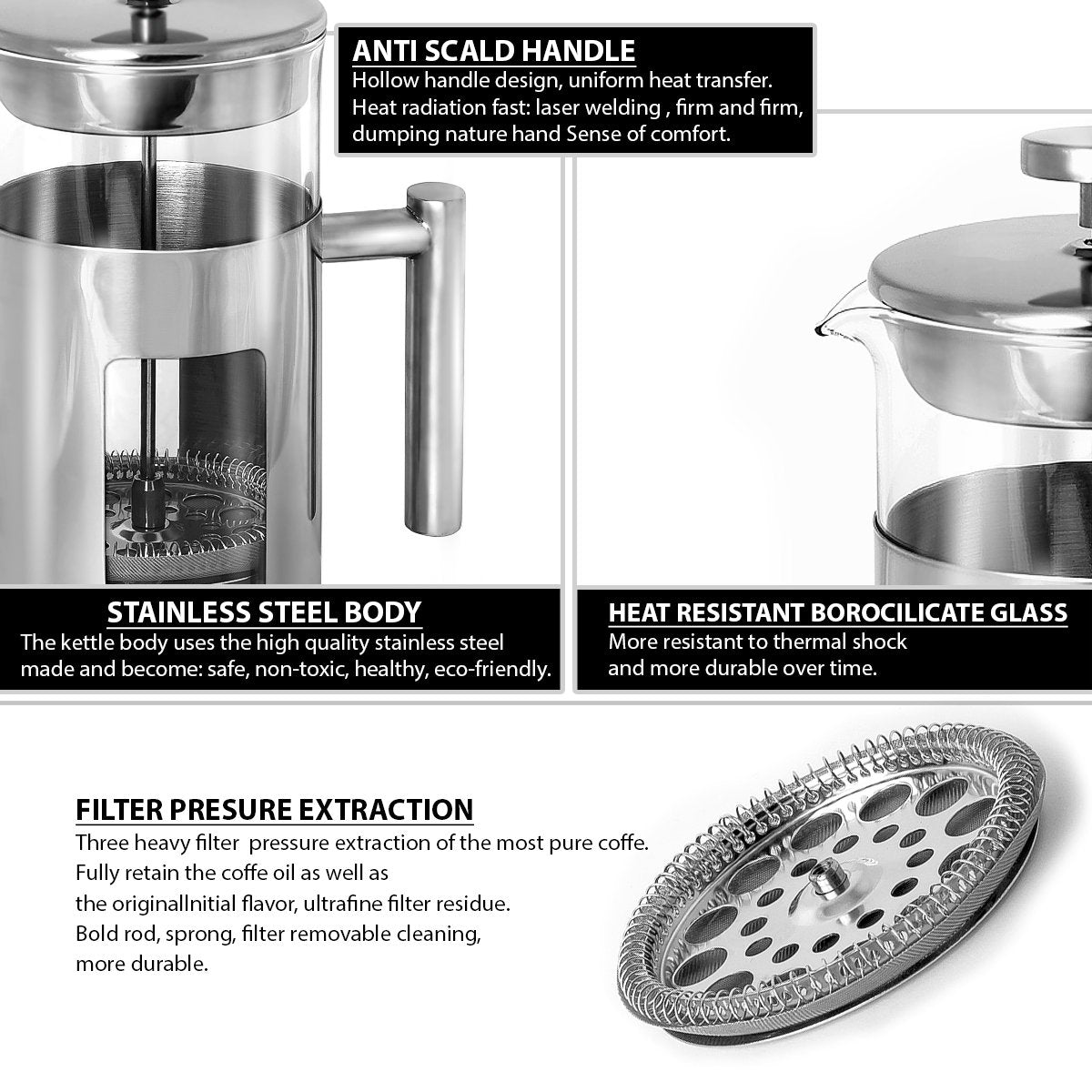 34 Ounce French Press Coffee Maker with Stainless Steel Frame W728287