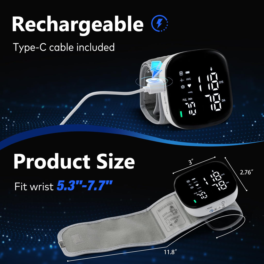 Wrist Blood Pressure Monitor Rechargeable Digital Voice Broadcast LED Backlit 199 Memory Storage for 2 Users with Carrying Case O4318