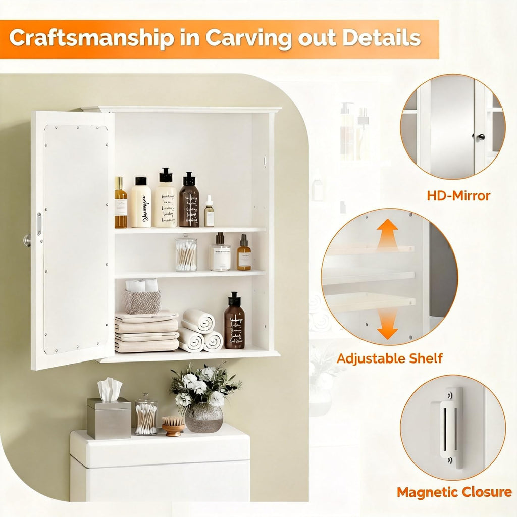 White Mirrored Medicine Cabinet with Single Door and 2 Adjustable Shelves F799