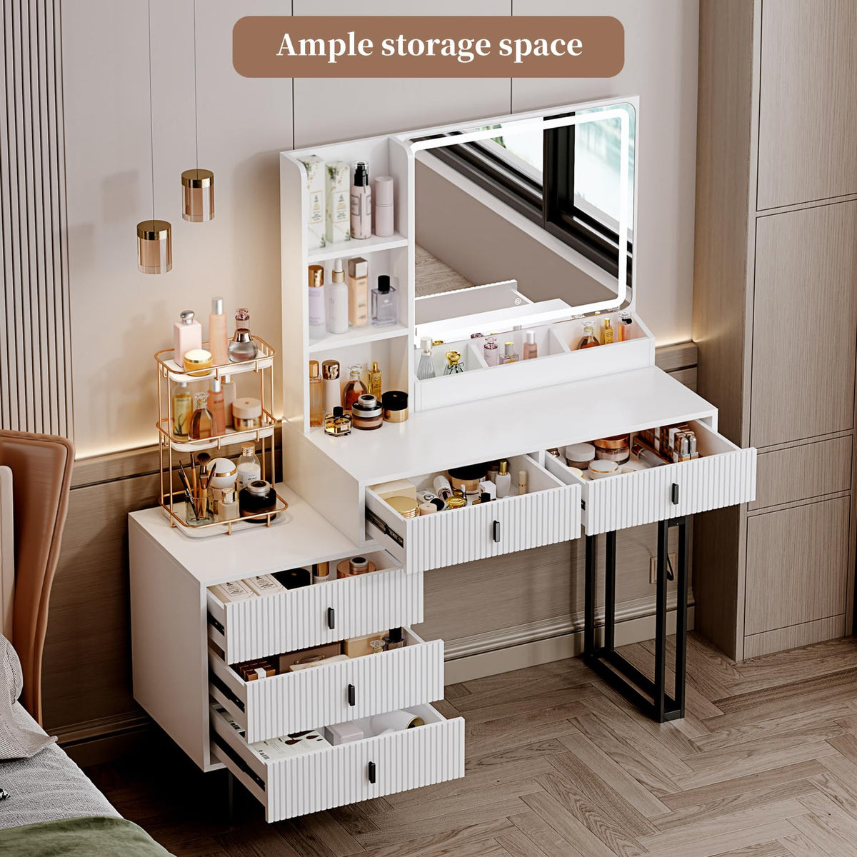 White Vanity Desk with Mirror and 5 Sliding Drawers U5402
