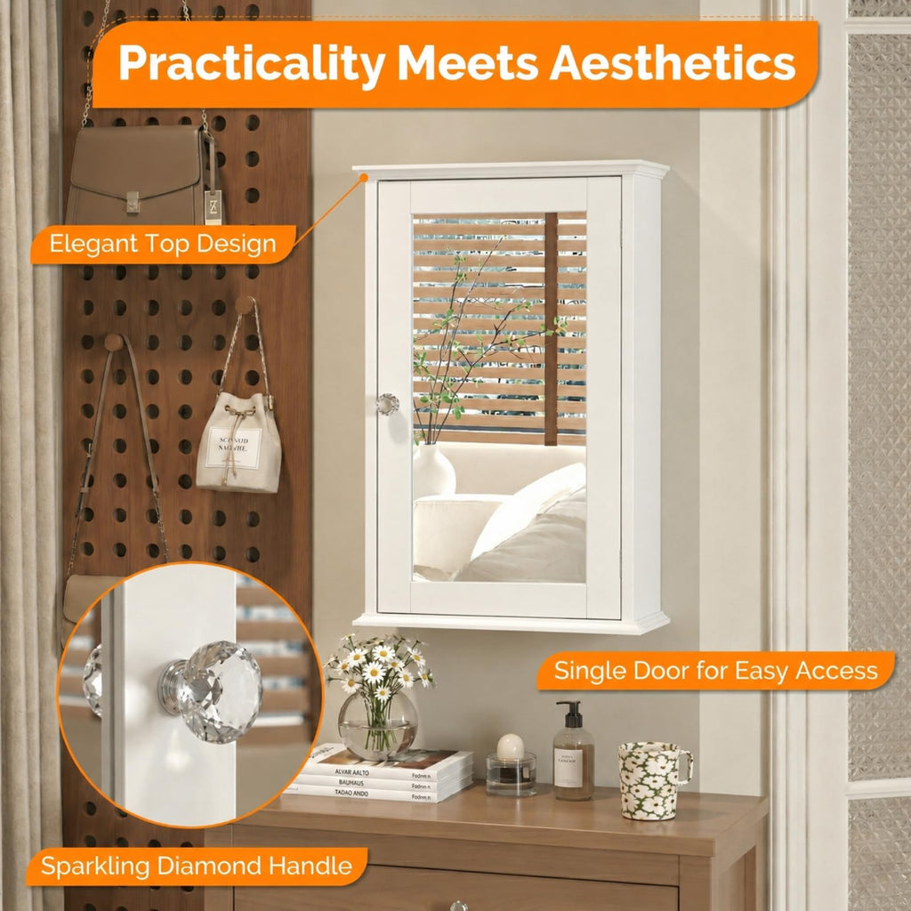 White Mirrored Medicine Cabinet with Single Door and 2 Adjustable Shelves F799