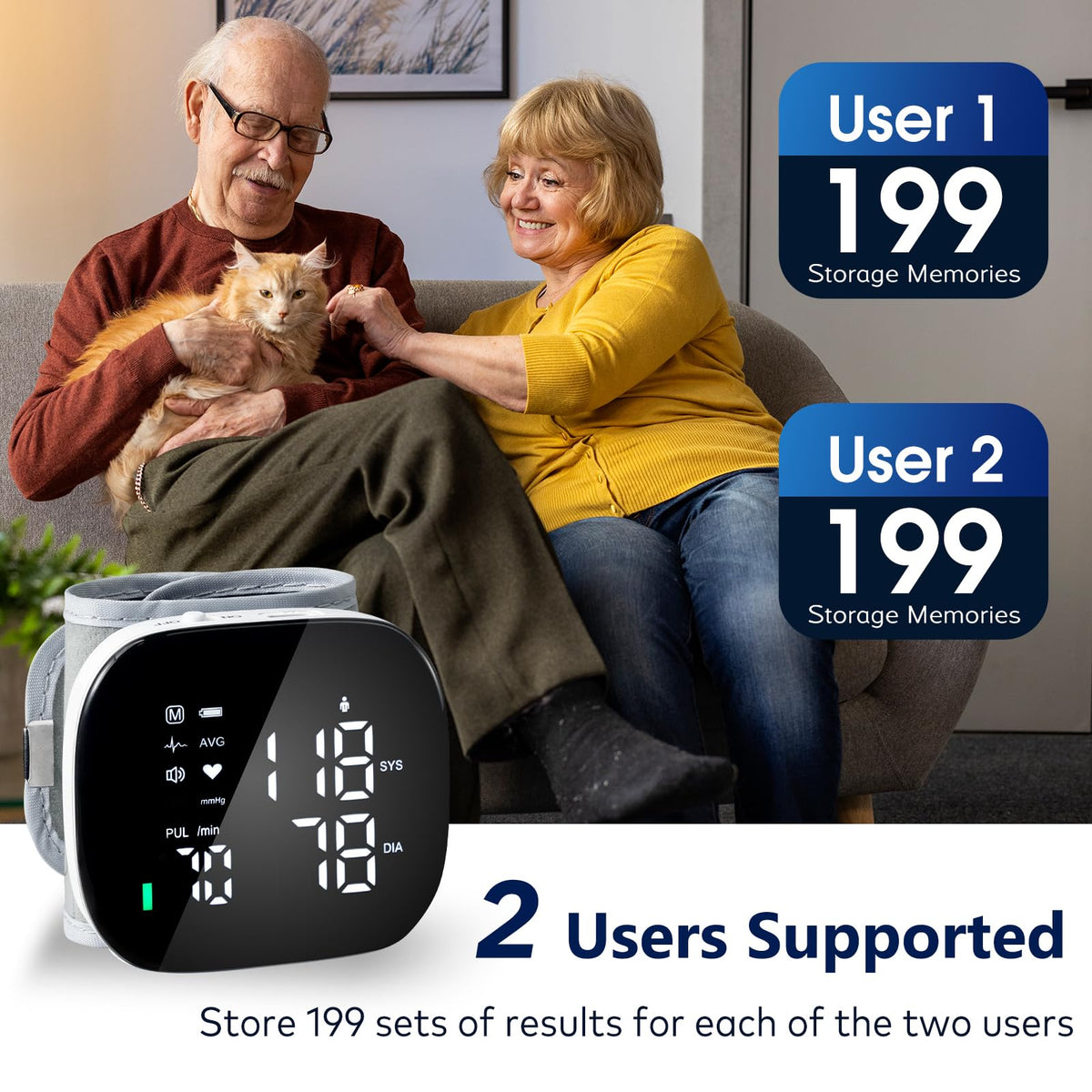 Wrist Blood Pressure Monitor Rechargeable Digital Voice Broadcast LED Backlit 199 Memory Storage for 2 Users with Carrying Case O4318