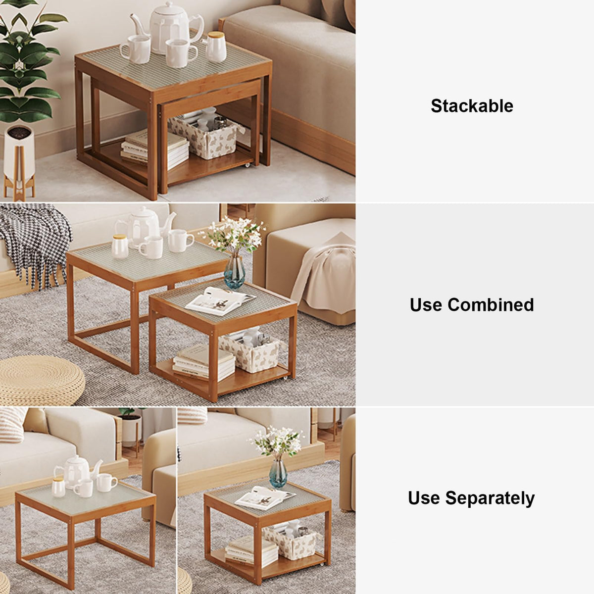 Set of 2 Square Glass Coffee Table with Bamboo Frame L16263
