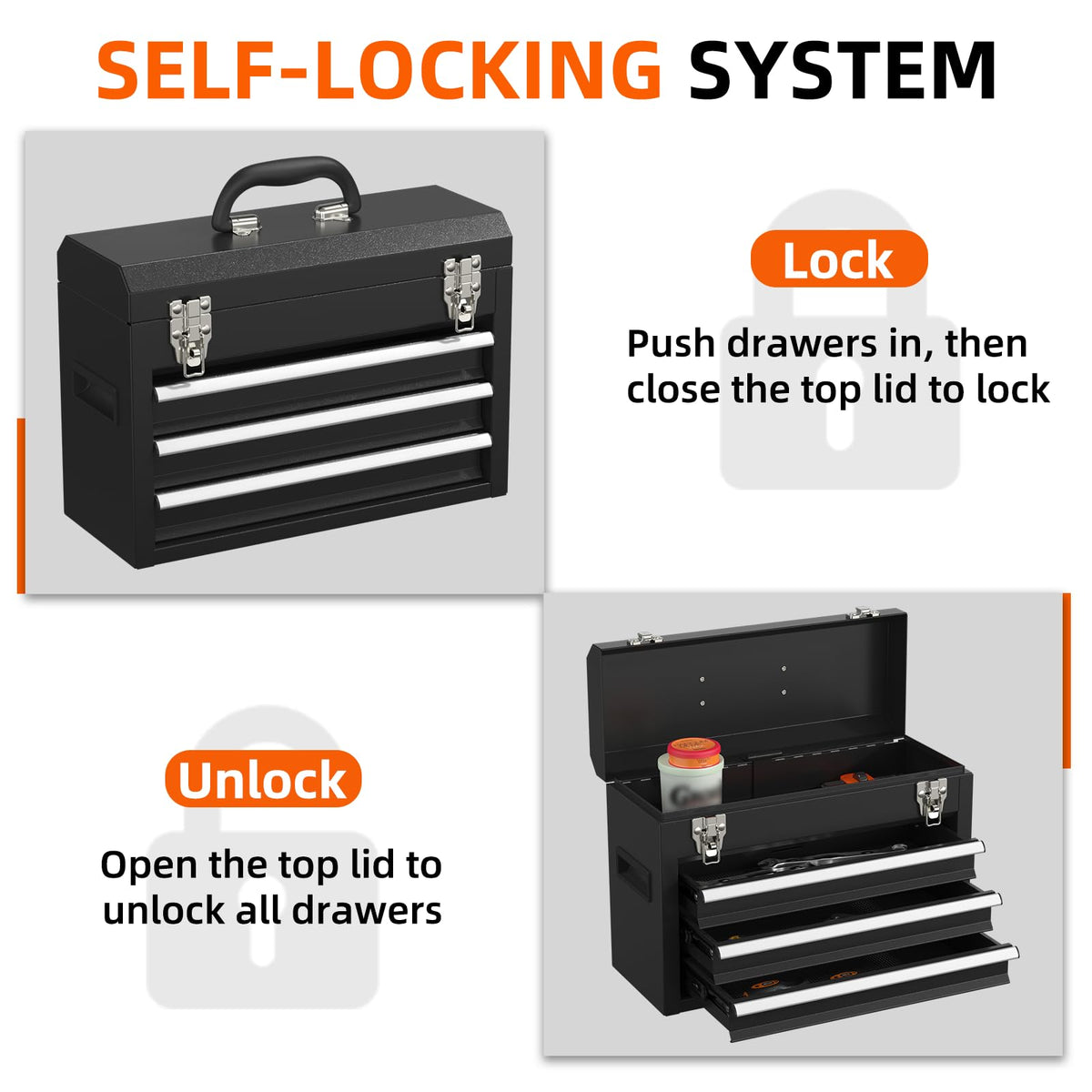 Black 3 Drawer Lockable Metal Tool Box N10964