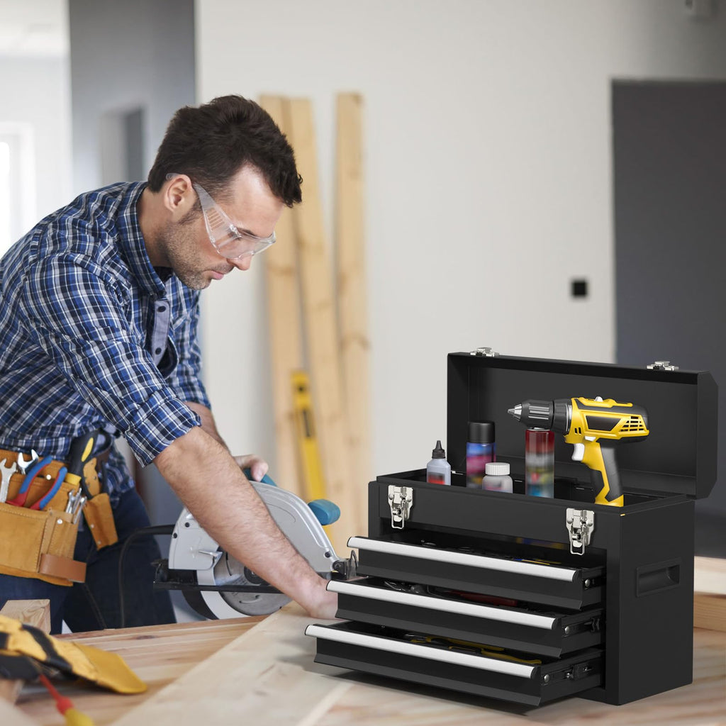 Black 3 Drawer Lockable Metal Tool Box N10964