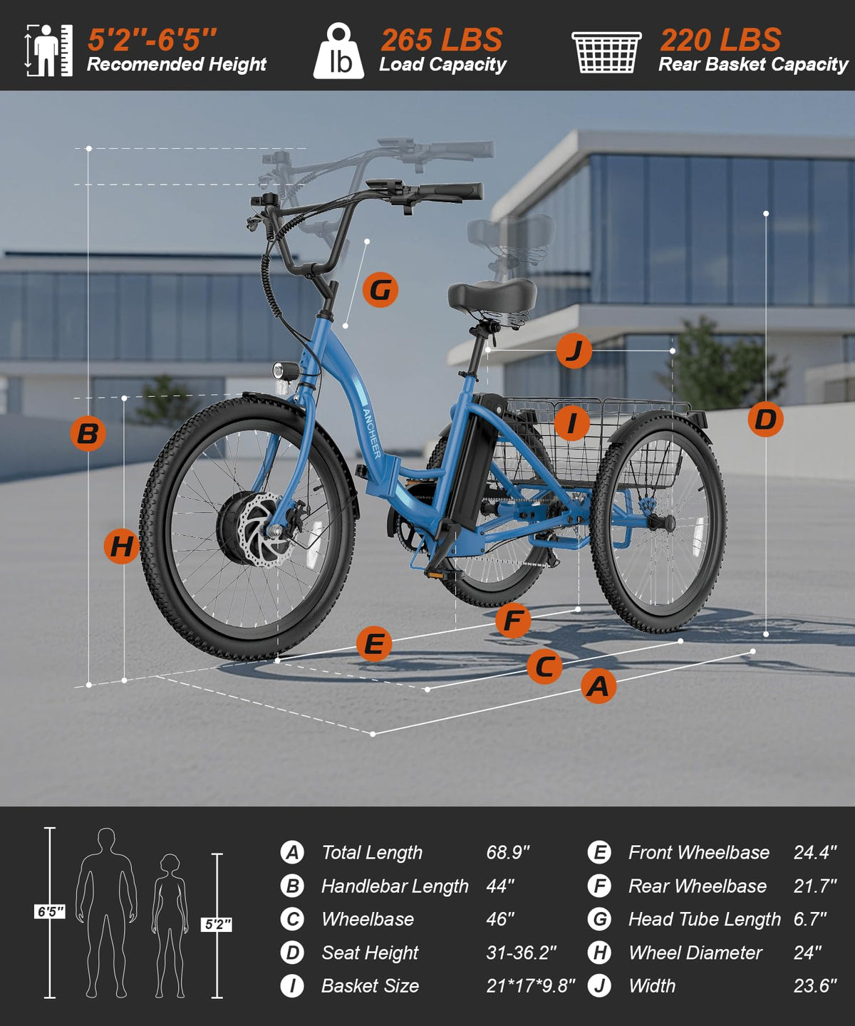 Electric Tricycle for Adults, 600W Folding, 24" 499Wh, 15.5MPH, Removable Battery, 3 Wheel, Blue H948108