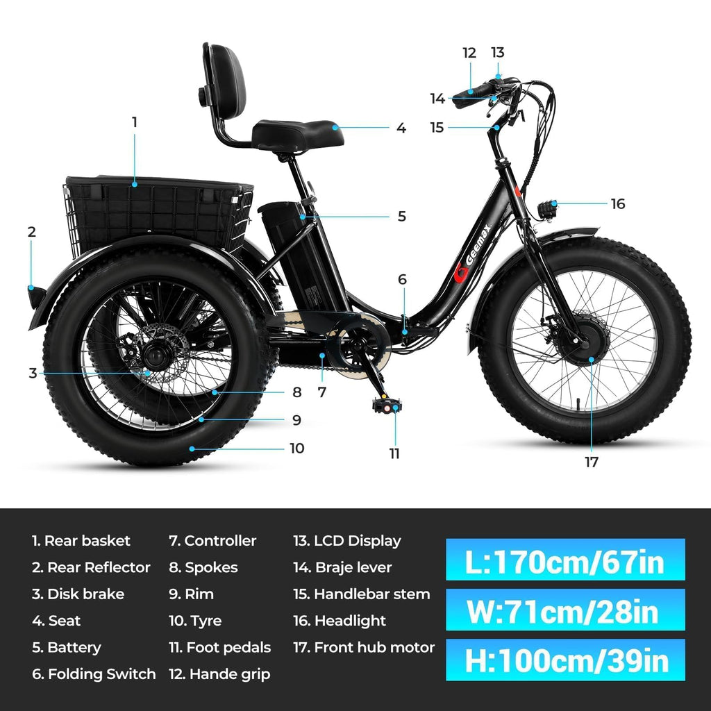 Folding Electric Tricycle for Adults, 20"x4" Fat Tire, Peak 500W 36V13Ah U61559