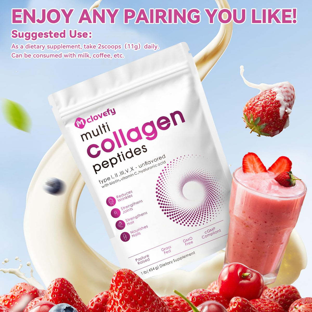 Unflavored Multi Collagen Peptides Powder 1lb K796