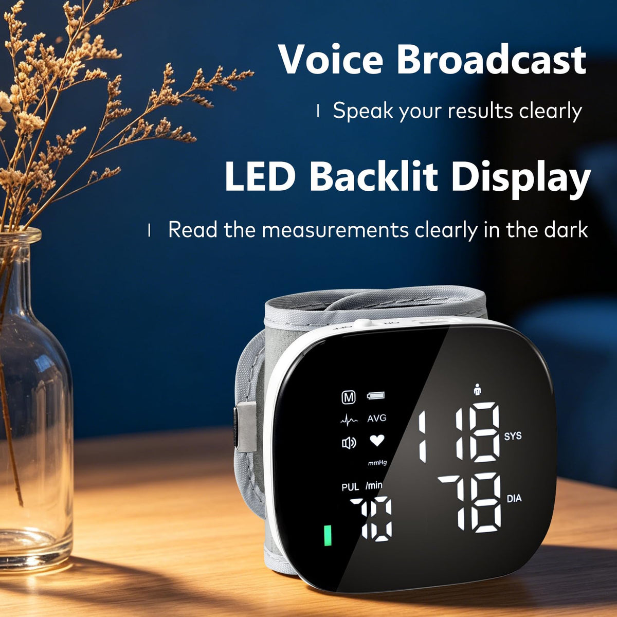 Wrist Blood Pressure Monitor Rechargeable Digital Voice Broadcast LED Backlit 199 Memory Storage for 2 Users with Carrying Case O4318
