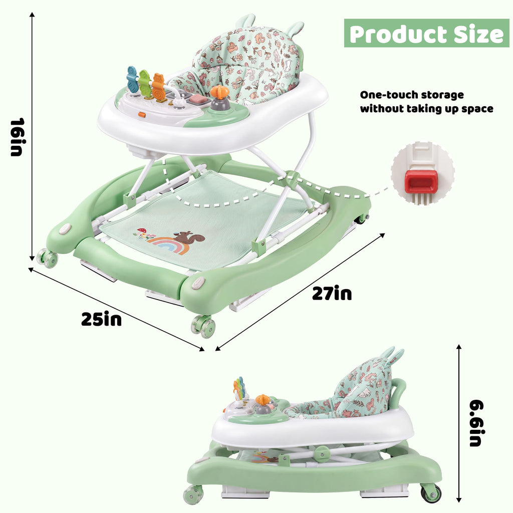 Foldable Baby Walker with Wheels, Music and Lights (Green) C13998